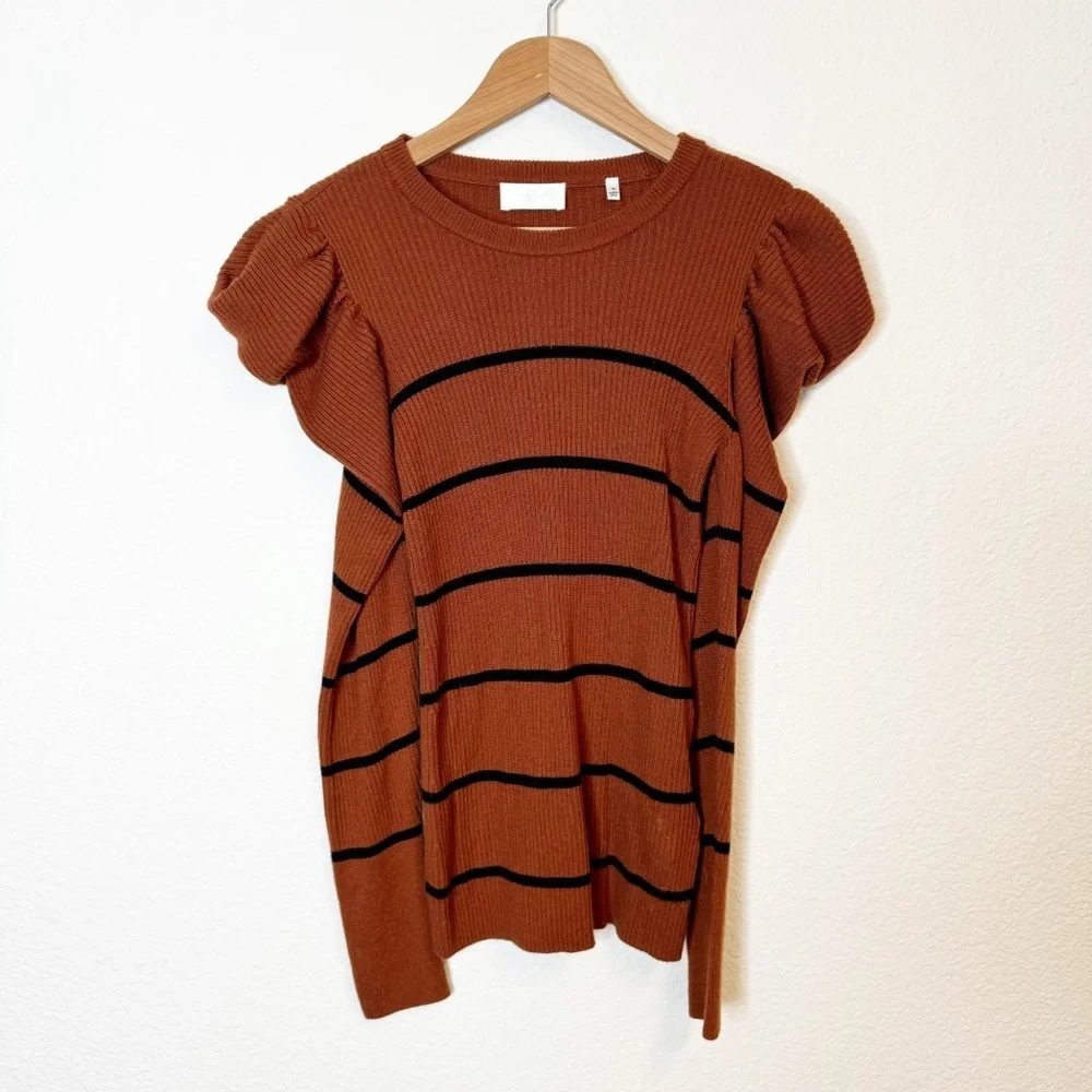 7 for All Mankind Brown Striped Cashmere Blend Puff Shoulder Crew Neck Sweater - Picture 2 of 6